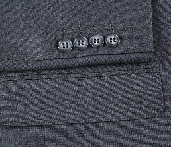A close-up view of the solid Half Canvas Wool Dress Suit Modern Fit 2 Piece in Gray jacket, showing buttons and a pocket.