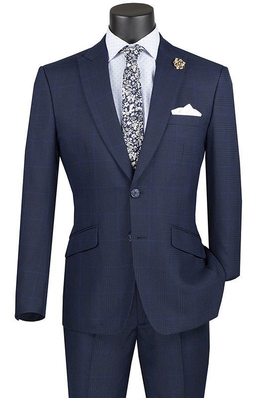 Slim Fit 2 Piece Suit Navy Glen Plaid Pattern Matching Pants 