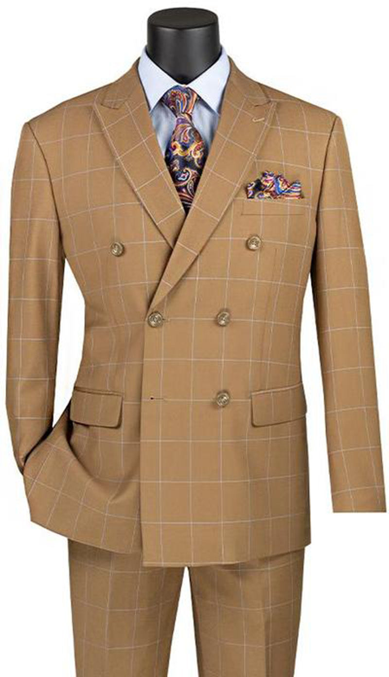 Naples Collection - Camel Modern Fit Double Breasted Windowpane Peak Lapel 2 Piece Suit