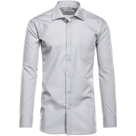 Solid Renoir Cotton Blend Dress Shirt Regular Fit In Gray, showing its collar, front buttons, and sleeve cuffs.