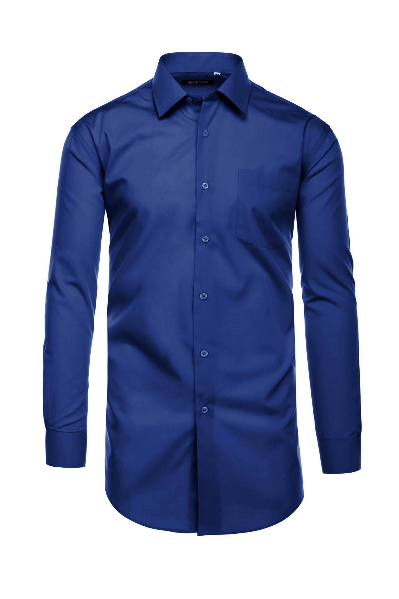 Solid Cotton Blend Dress Shirt Regular Fit In Royal Blue, showing collar, buttons, sleeves, and pocket on a white background.