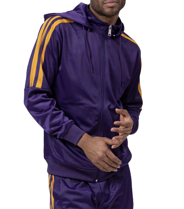 Close-up of the solid purple pocket on the Montique Men's Track Suit with Detachable Hood.