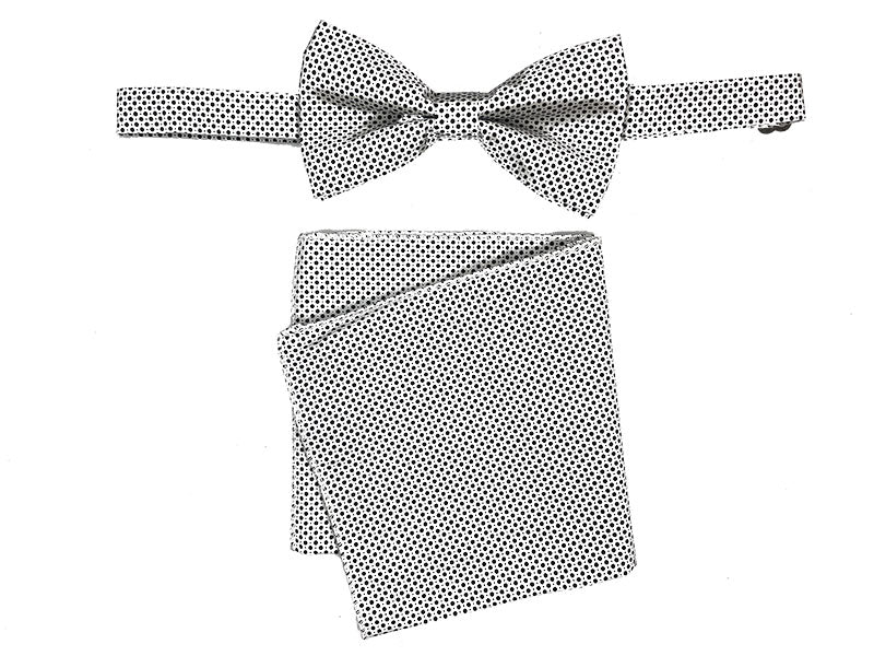 Men's Bowtie and Hanky Accessory Set in Black White Dot