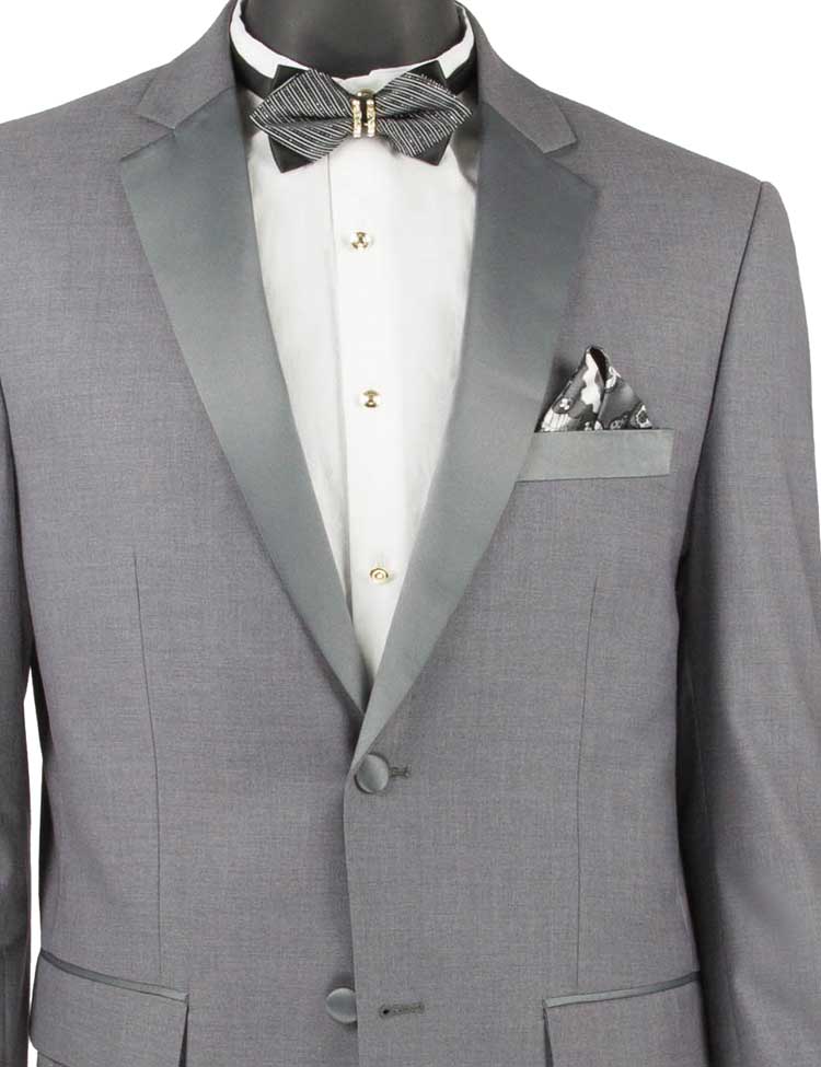 Solid bow tie and collar detail from the Vinci Slim Fit 2 Piece Gray Tuxedo, featuring buttons.
