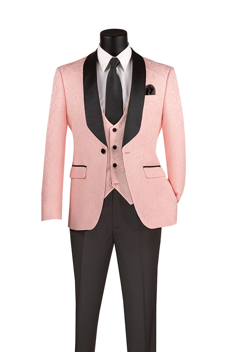 Slim Fit Tuxedo 3 Piece with Jacquard Pattern in Pink Slim Fit Tuxedo 3 Piece with Jacquard Pattern in Pink
