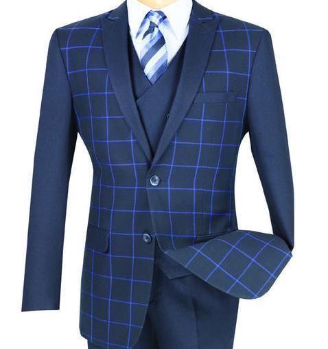 Slim Fit Fashion Jacket Peak Lapel Window Pane Design in Navy