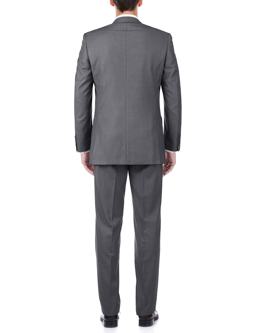 Solid Gray 100% Virgin Wool Slim Fit Pick Stitch 2 Piece Suit 2 Button pants showing front pocket detail.