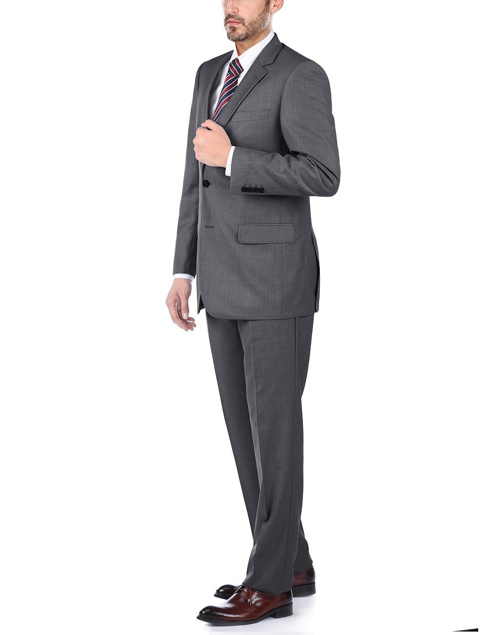 Renoir solid Gray 100% Virgin Wool Slim Fit Pick Stitch 2 Piece Suit 2 Button, with tie, shoes, collar, buttons, pockets.