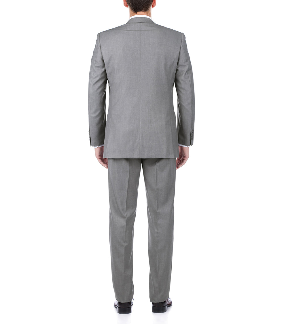 Solid light gray 100% Virgin Wool Regular Fit suit trousers showing button detail on a white background.