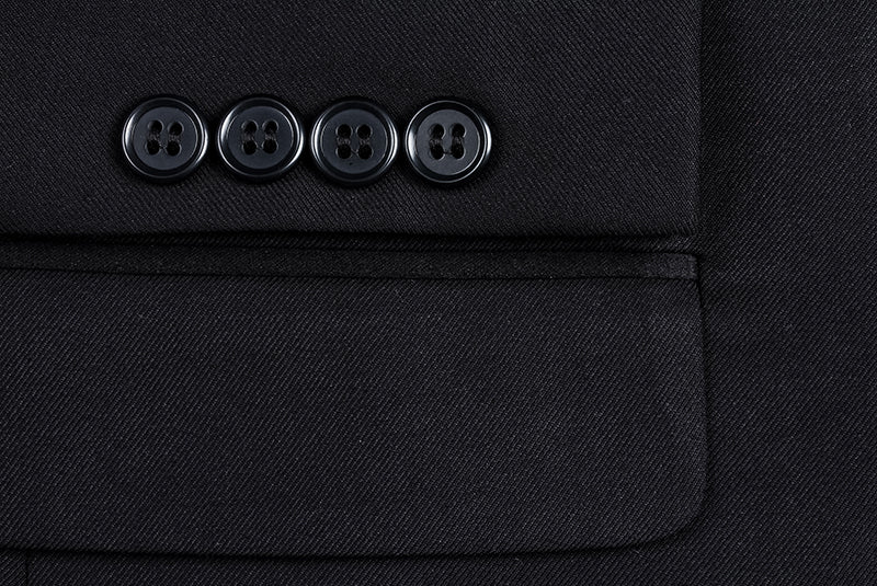 Close-up of a button on the solid Black 2 Piece Tuxedo Shawl Lapel Slim Fit jacket, showing the collar and pocket.
