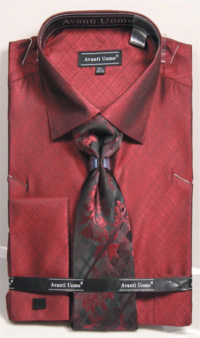 French Cuff Regular Fit Shirt in Burgundy with Tie, Cuff Links, and Handkerchief