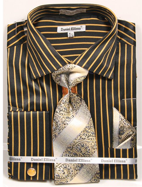 French Cuff Regular Fit Shirt Set Bold Stripe Black/Mustard with Tie, Cuff Links and Hanky
