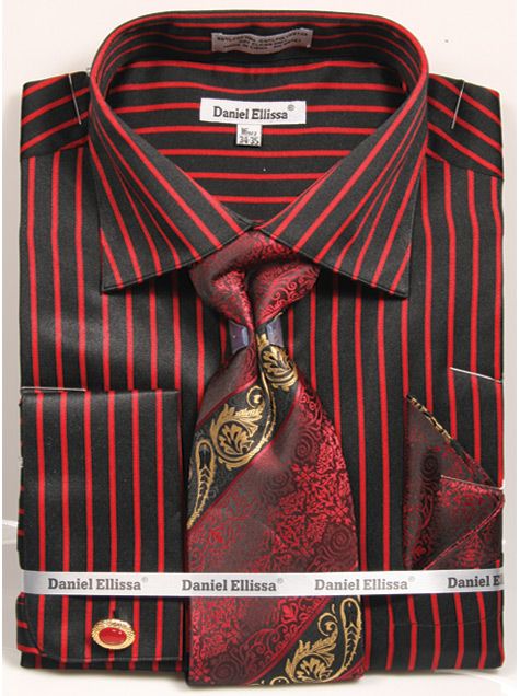 French Cuff Regular Fit Shirt Set Bold Stripe Black/Red with Tie, Cuff Links and Hanky