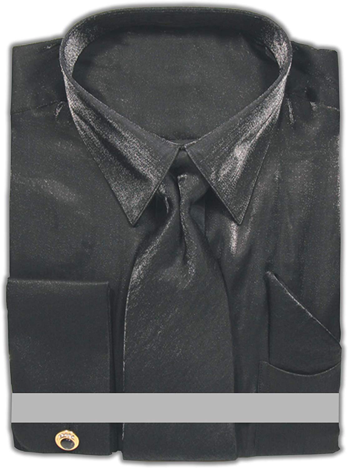 Black Metallic Velvet Dress Shirt Set French Cuff