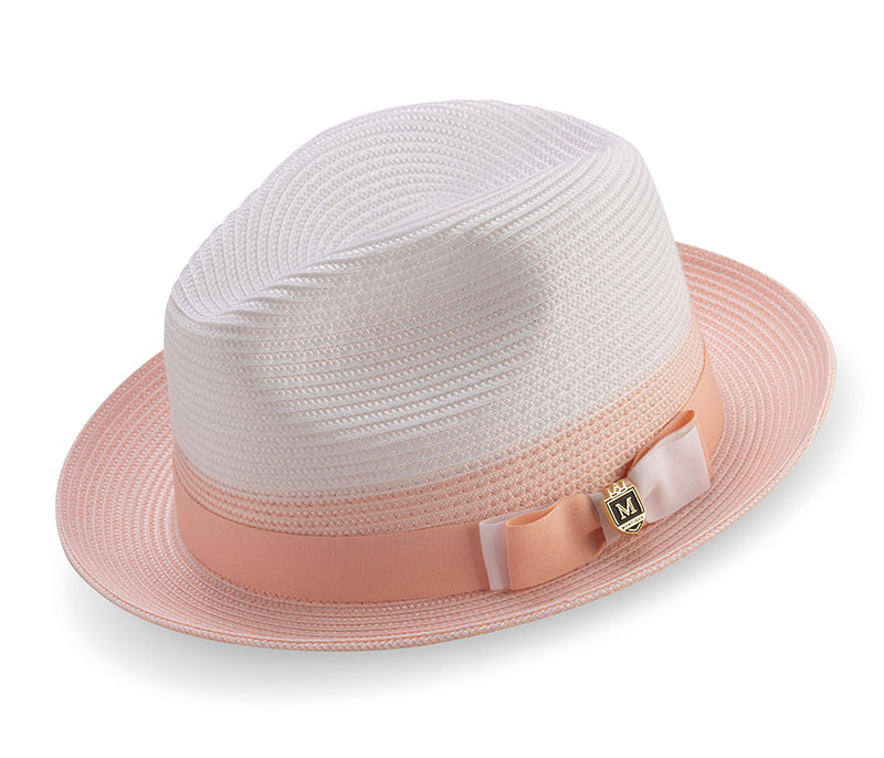 Men's Braided Straw Fedora Two Tone Weave in Peach