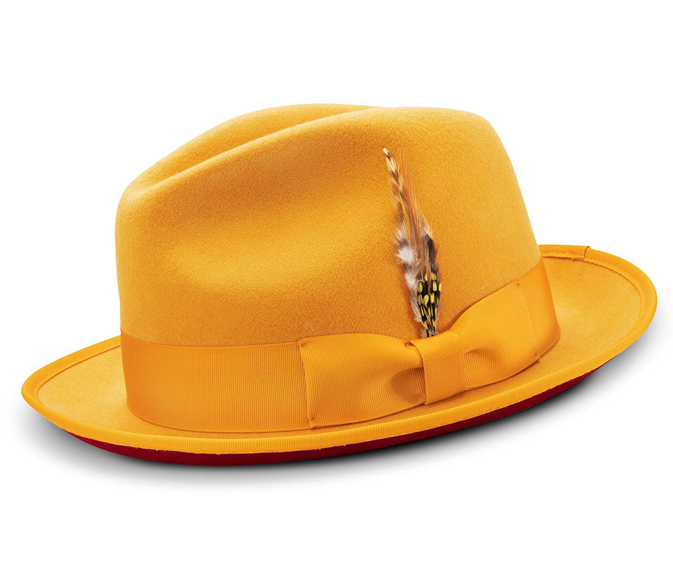 2 ⅜" Brim Wool Felt Dress Hat with Feather Accent Gold with Red Bottom