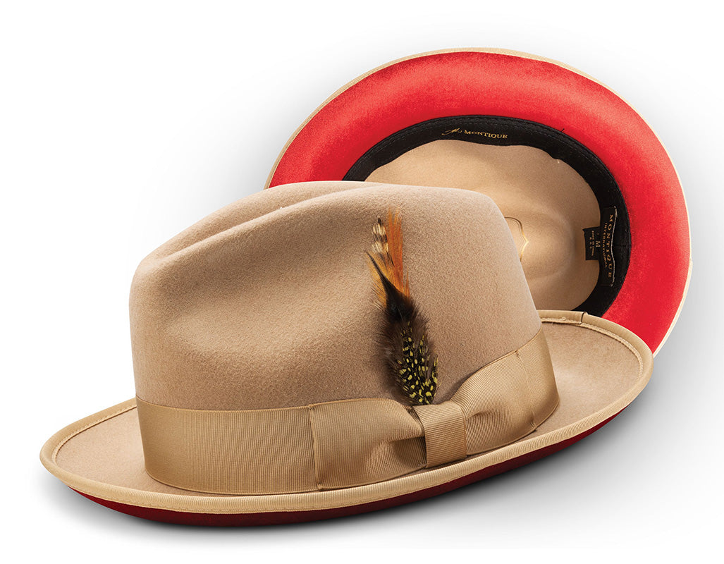 Montique solid 2 ¼ Brim Wool Felt Dress Hat, Tan with Red Bottom, with feather accent, on a white background.