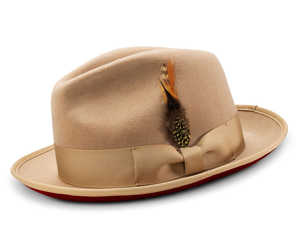 2 ⅜" Brim Wool Felt Dress Hat with Feather Accent Tan with Red Bottom