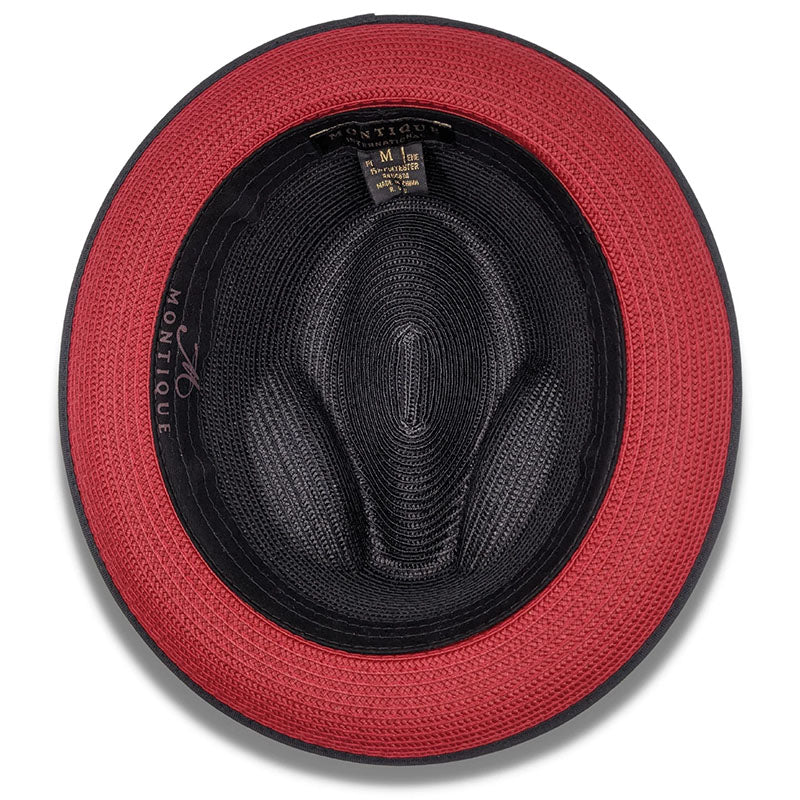 Two Tone Braided Ribbon Stingy Brim Pinch Fedora - Black with Red Bottom