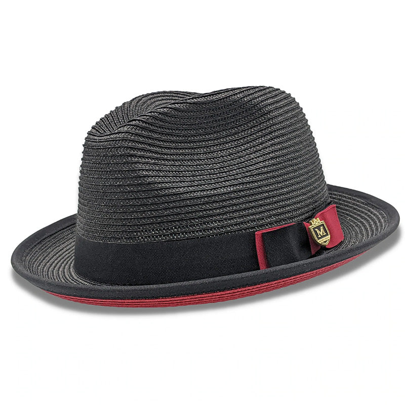 Two Tone Braided Ribbon Stingy Brim Pinch Fedora - Black with Red Bottom