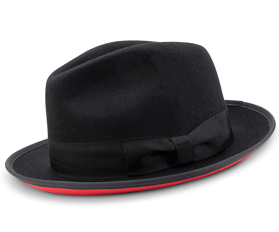 (XL) 2 ⅜" Brim Wool Felt Dress Hat with Feather Accent Black with Red Bottom