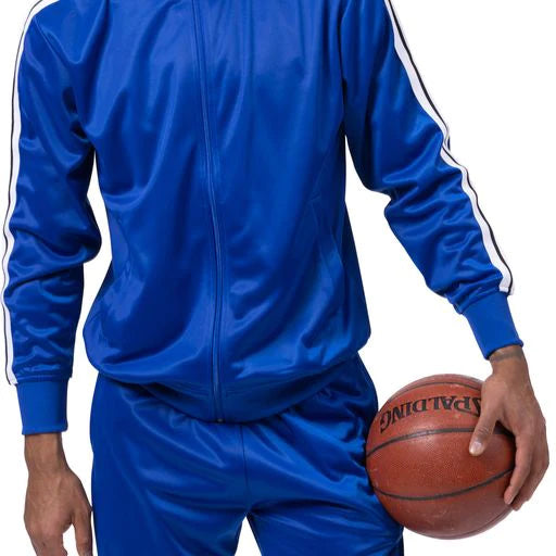 Solid Montique Men's Track Suit 2 Piece in Royal Blue jacket with sleeves, pocket, and zipper detail on a white background.