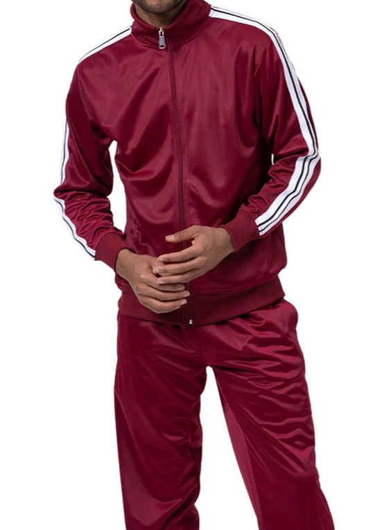 Maroon tracksuit with white stripes on a white background