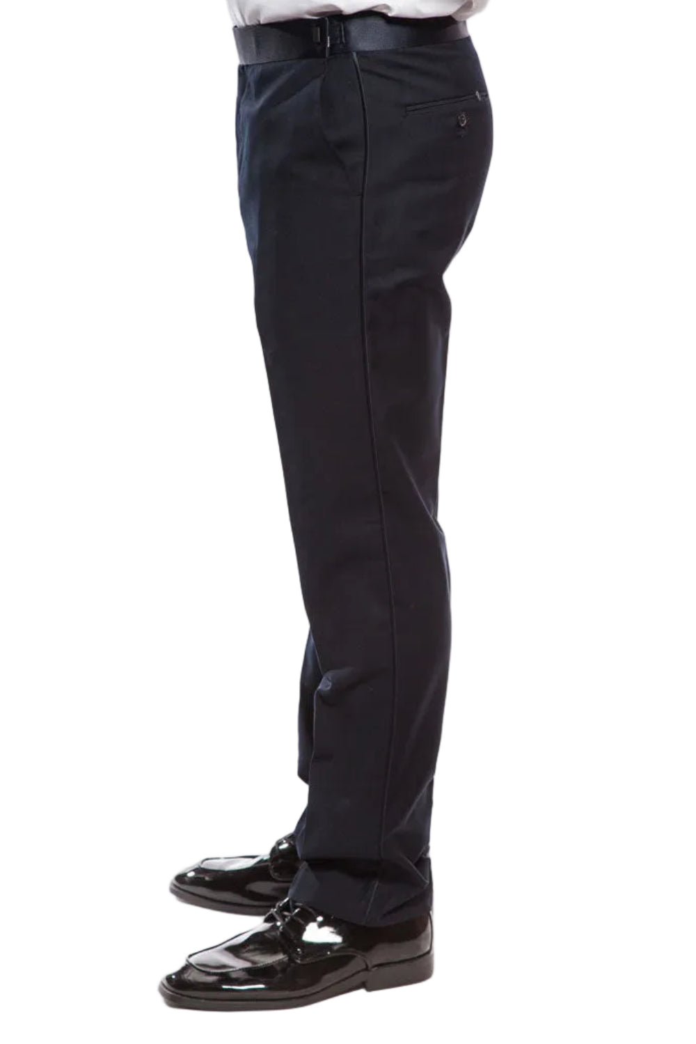 Tazio solid Navy Slim Fit 2 Piece Tuxedo jacket with satin peak lapel on a white background.