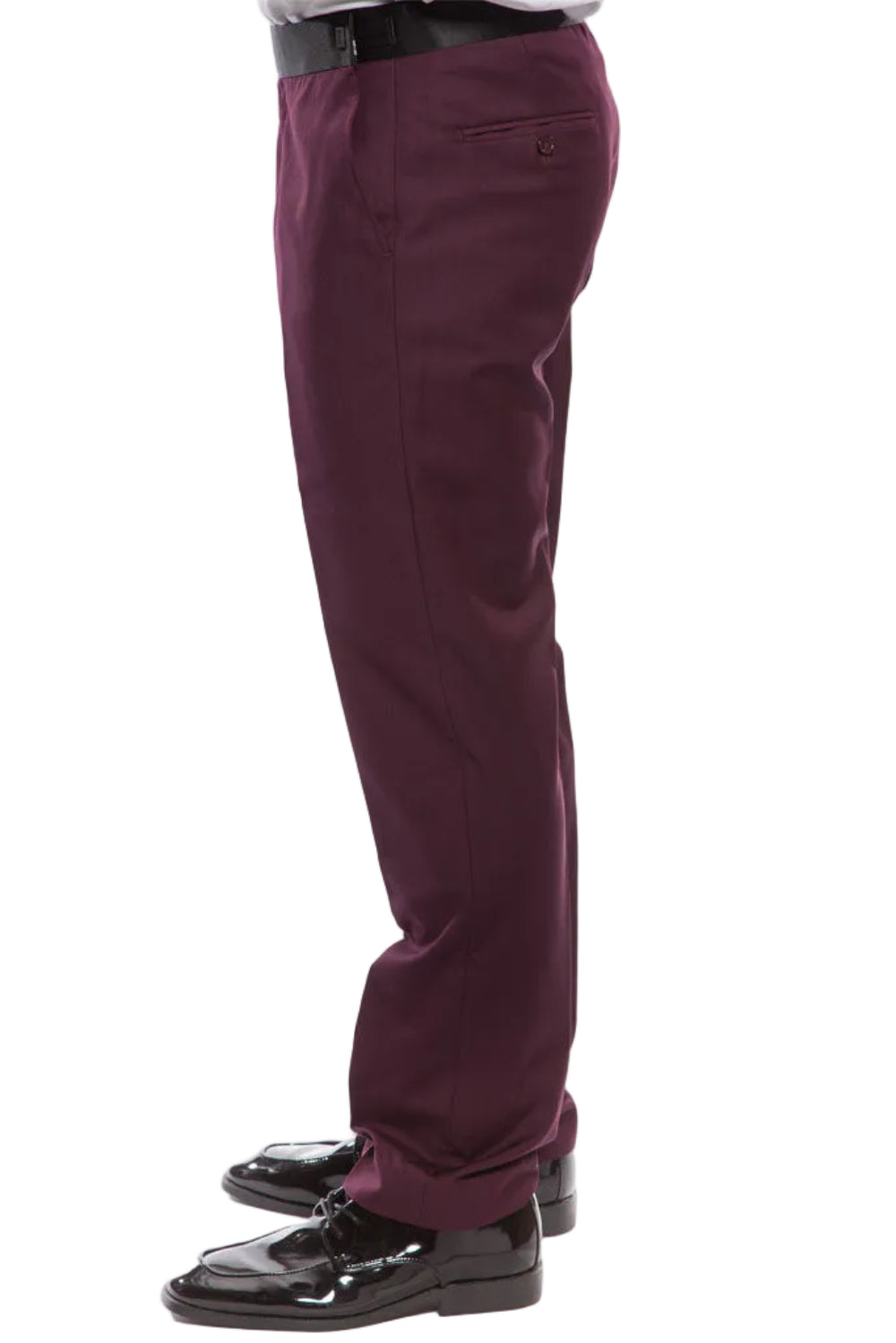 Solid Burgundy Tazio Slim Fit 2 Piece Tuxedo with Satin Peak Lapel, shown with shoes.