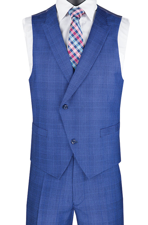 Close-up of the Blue Modern Fit Glen Plaid 3 Piece Suit's checkered pocket, showing collar, tie, sleeve.