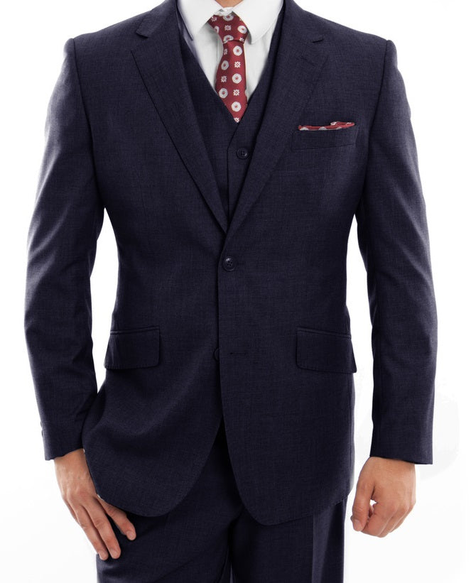 (38S) Wool Suit Modern Fit Italian Style 3 Piece in Navy