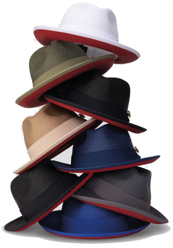 Two Tone Braided Ribbon Stingy Brim Pinch Fedora - Olive with Red Bottom