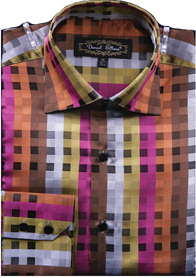 rust dress shirt Men's Dress Shirt Regular Fit Designer Check Pattern In Rust XL / Rust