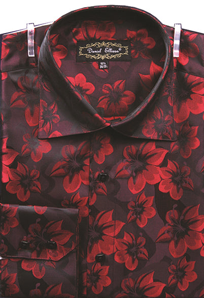 Men's Dress Shirt Regular Fit Floral Design In Burgundy XL / Burgundy Men's Dress Shirt Regular Fit Floral Design In Burgundy XL / Burgundy