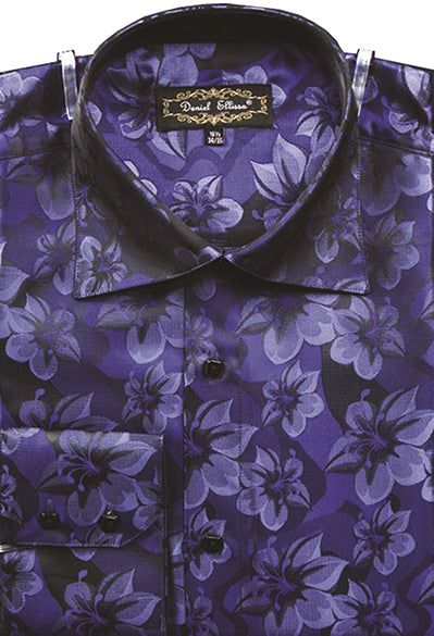 Men's Dress Shirt Regular Fit Floral Design In Navy XL / Navy
