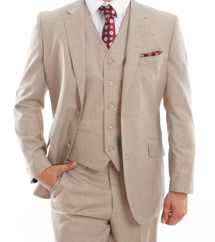 (44R) Wool Suit Modern Fit Italian Style 3 Piece in Tan