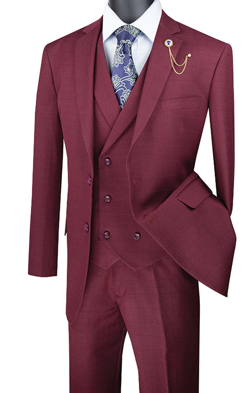 Venetian Collection - Burgundy Regular Fit Glen Plaid 2 Button 3 Piece Suit