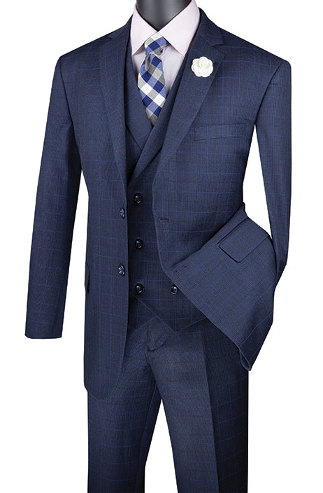 Venetian Collection - Navy Regular Fit Glen Plaid 2 Button 3 Piece Suit