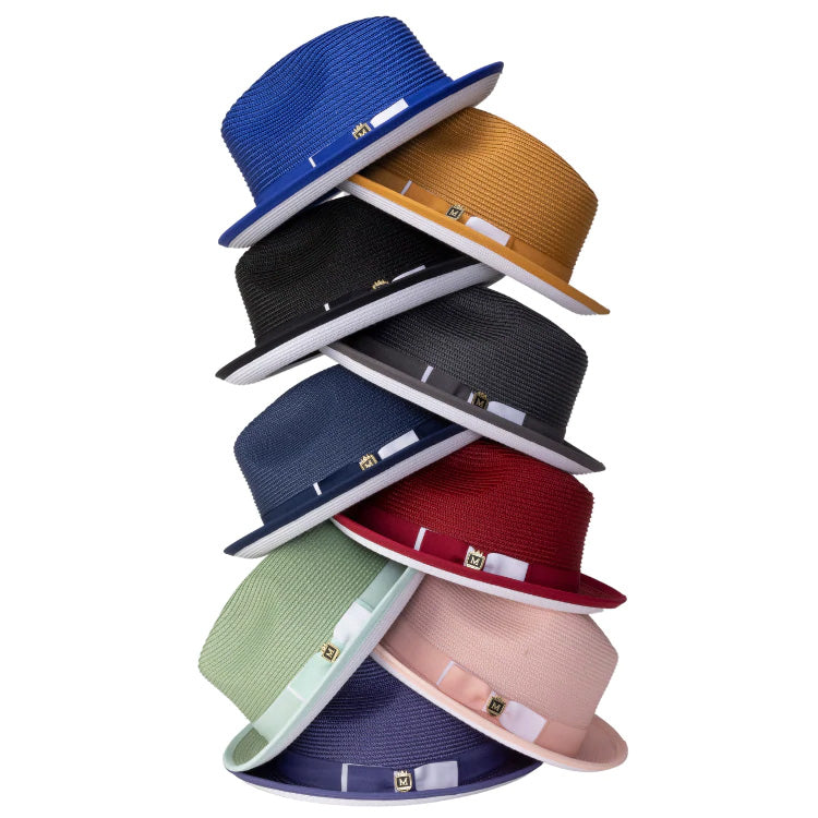 Montique solid purple Two Tone Ribbon Stingy Brim Pinch Braided Fedora with a white bottom.