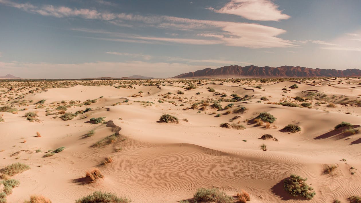A panoramic shot of a vast desert landscape under a partly cloudy sky. 