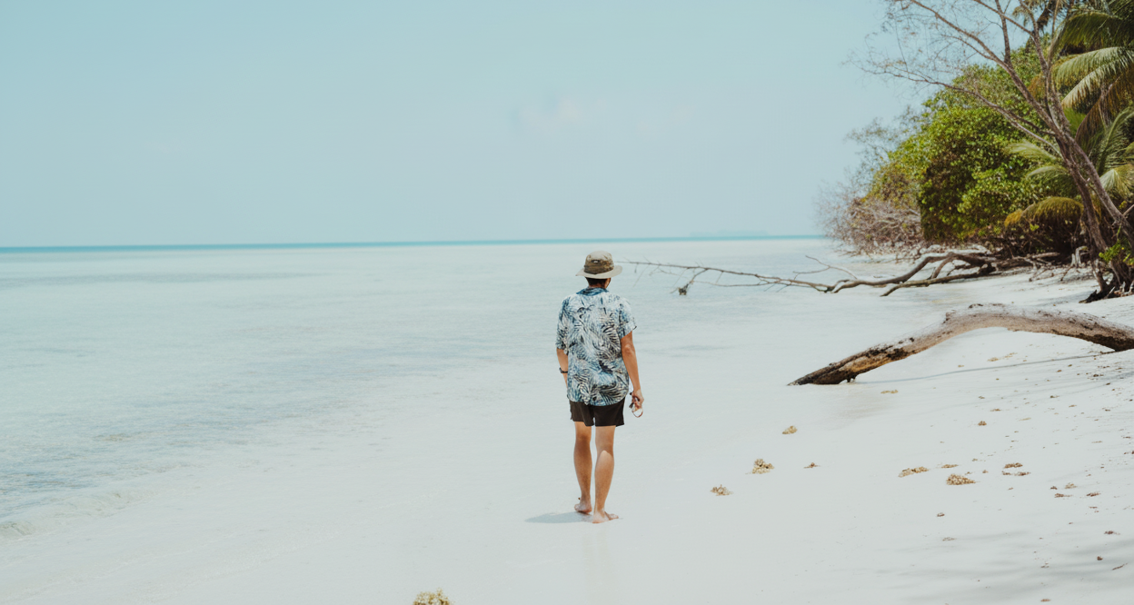 man wearing a leisure suit on beach