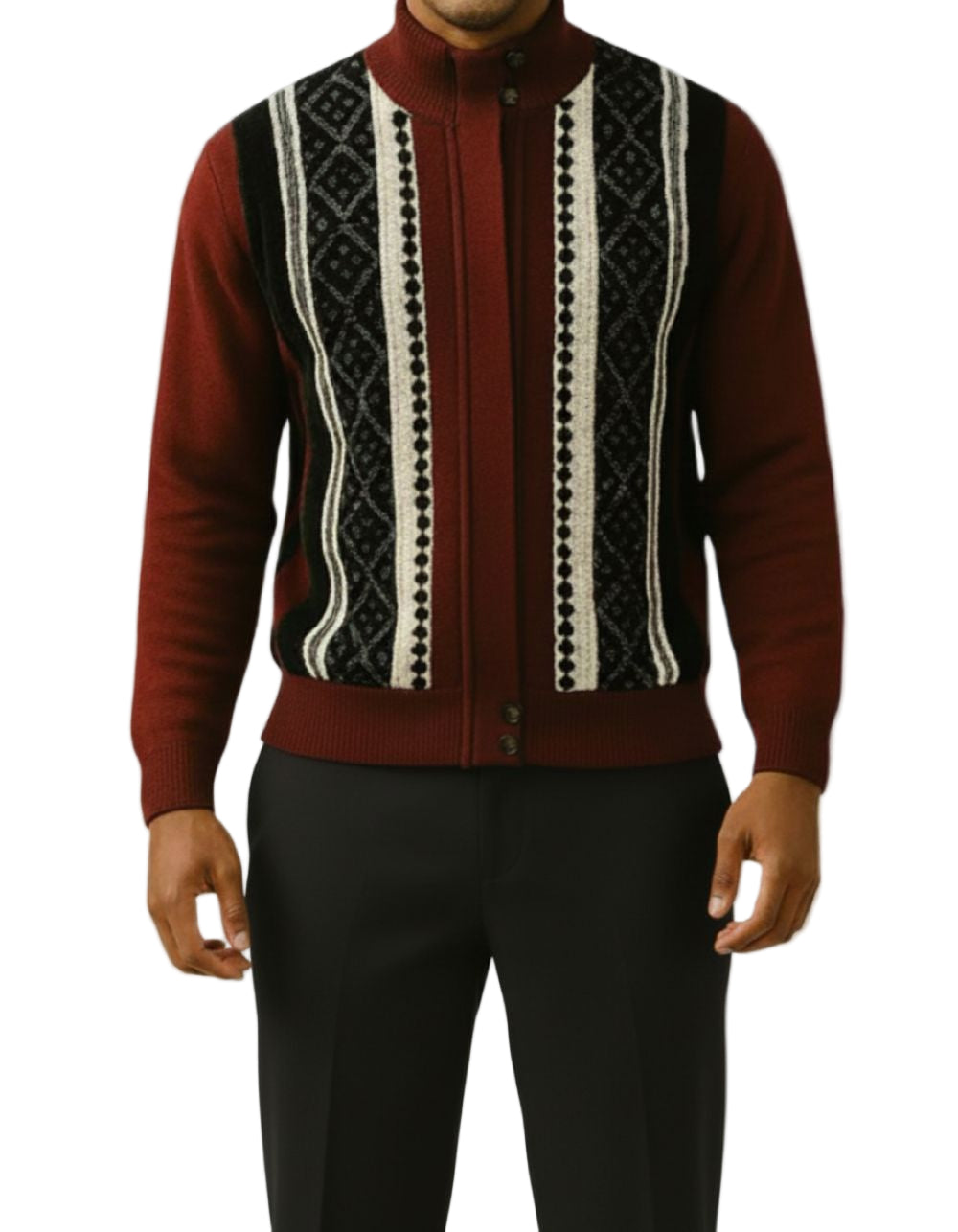 Wine Vertical Pattern Zip Sweater Jacket