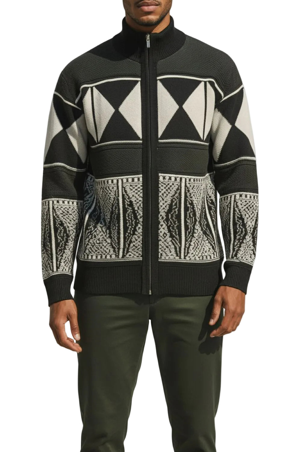Black Geo Pattern Full Zip Sweater