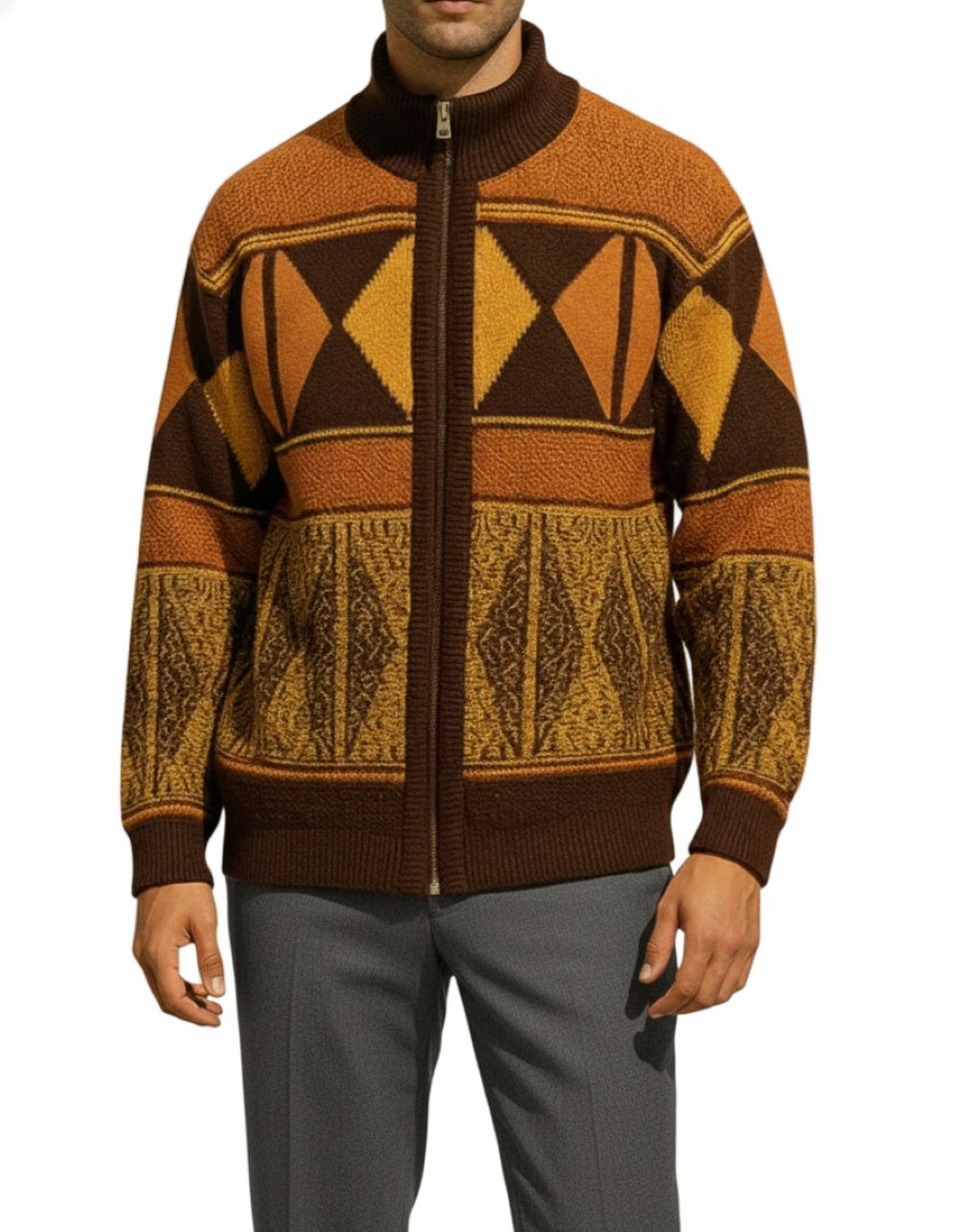 Brown Geo Pattern Full Zip Sweater

