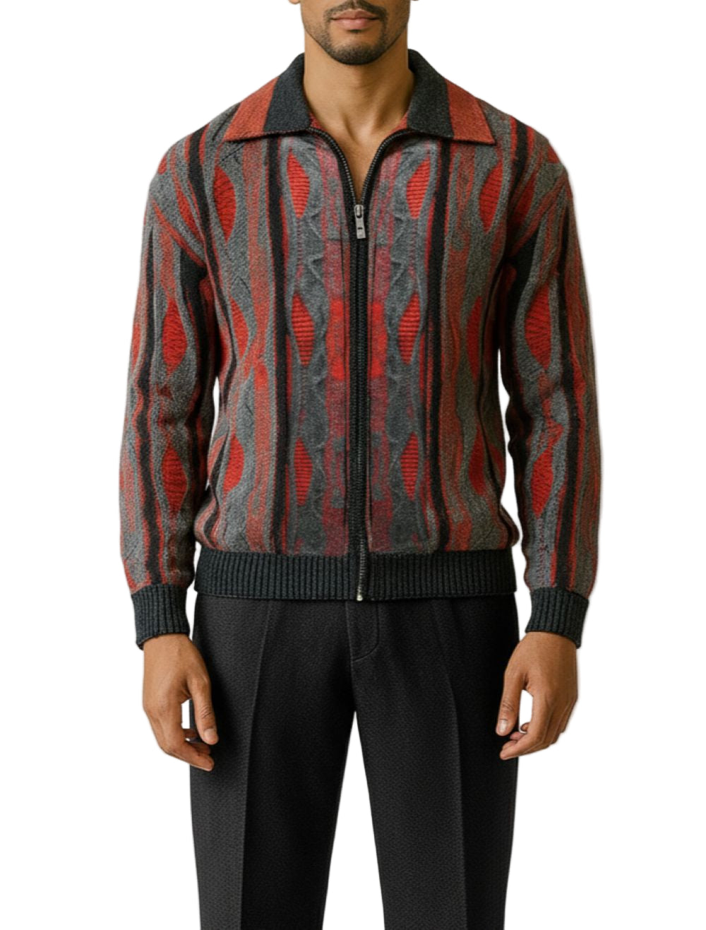 Close-up of the solid collar on the SILVERSILK Wool Blend Full Zip Sweater - Black/Red.