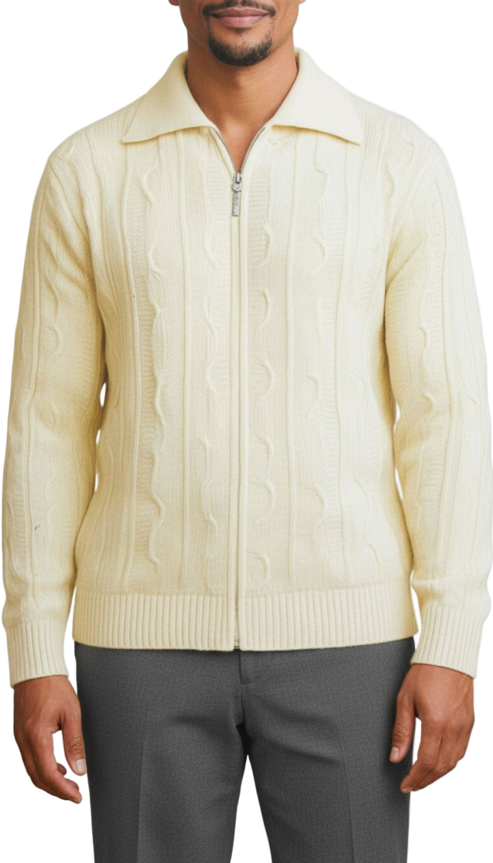 Wool Blend Full Zip Sweater - Cream