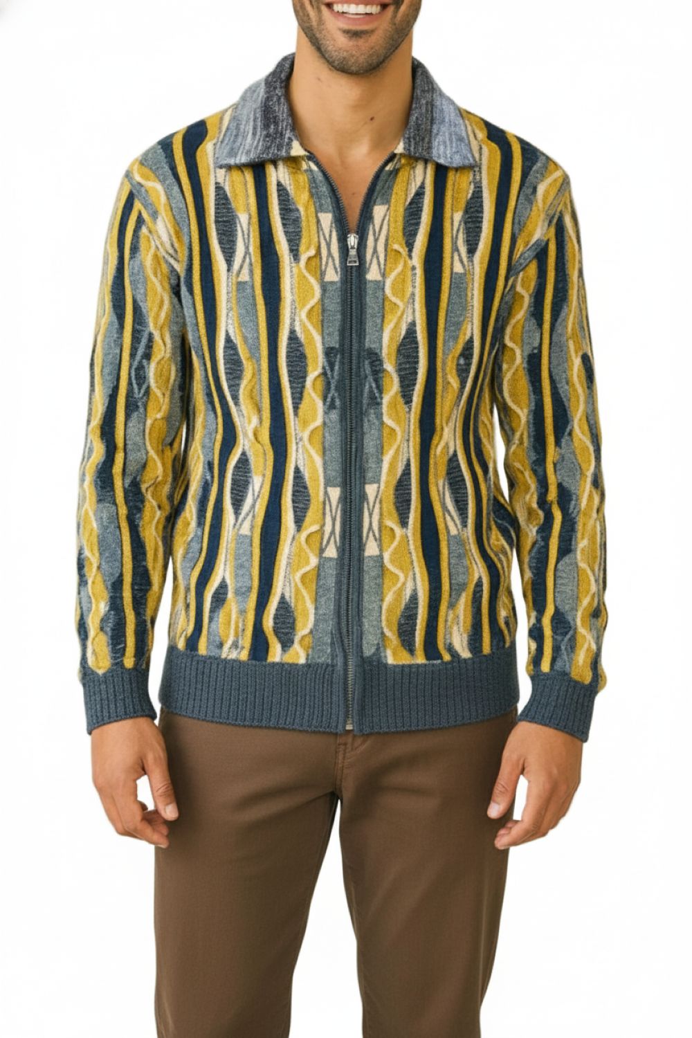 Wool Blend Full Zip Sweater - Indigo/Gold
