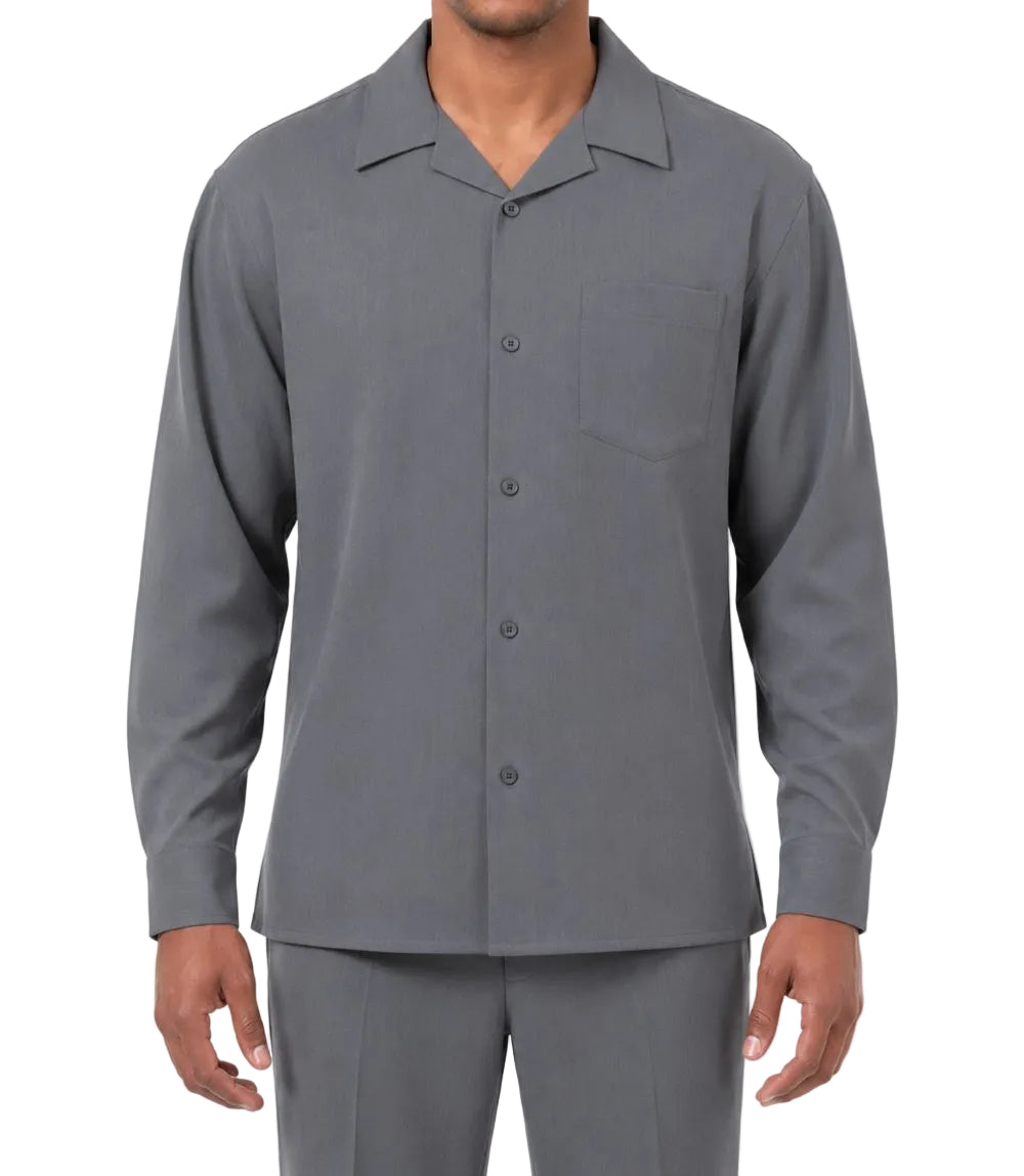Gray button-up shirt and pants set on a white background