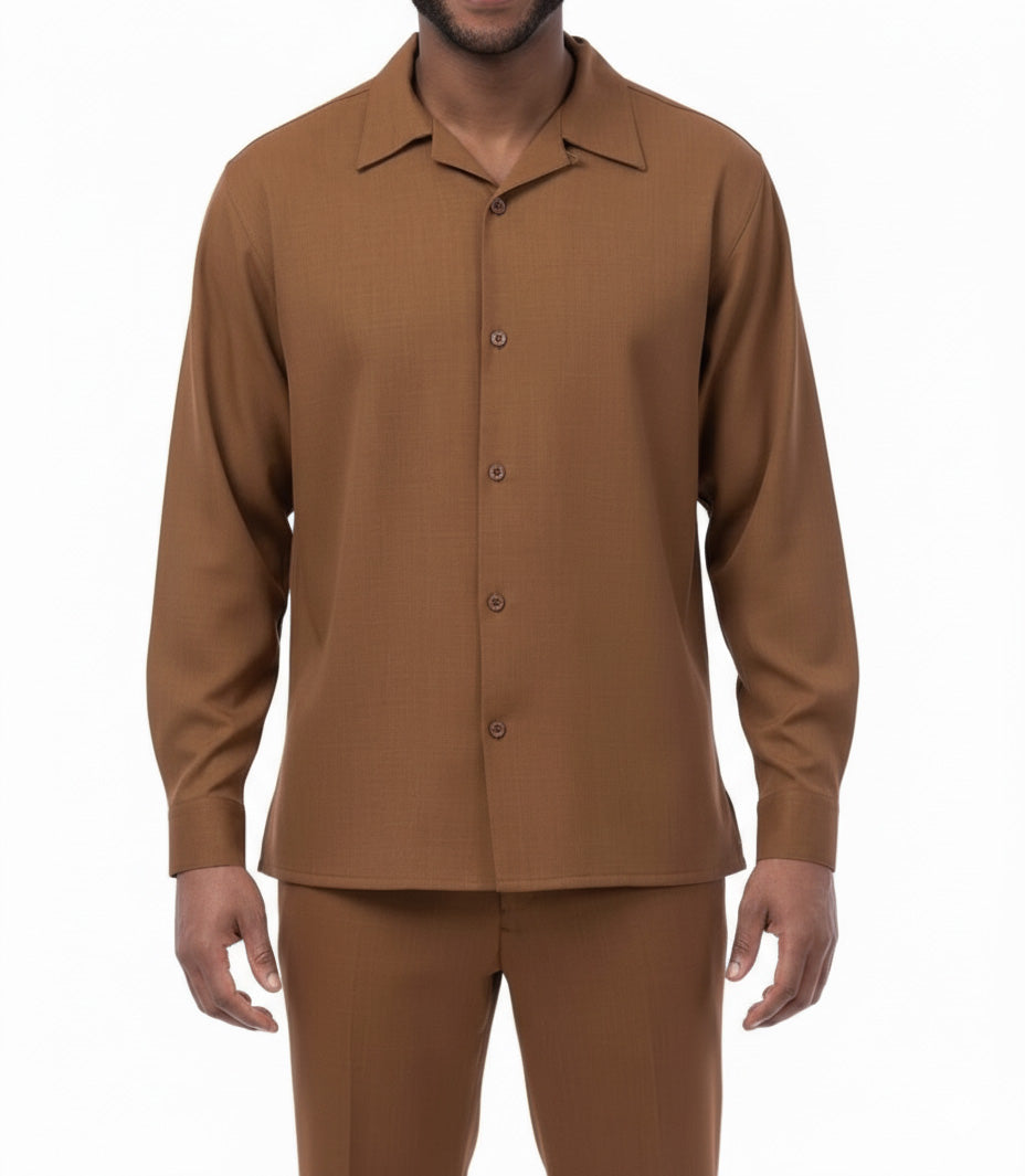 Solid taupe long sleeve shirt of the Men's 2 Piece Walking Suit, with collar, front buttons, and chest pocket.