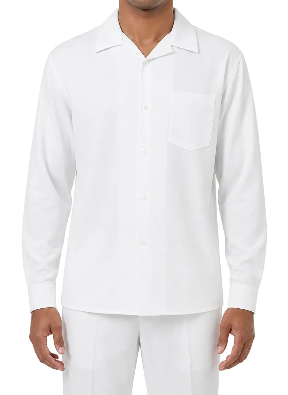 Man wearing a white long-sleeve shirt and pants on a white background